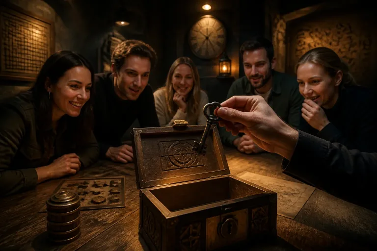 collega’s in escape room kijken gespannen naar een oude metalen sleutel boven een geopende puzzelkist op houten tafel