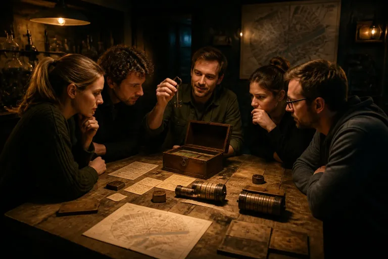 collega’s lossen samen een puzzel op rond een houten tafel in een escape room in groningen