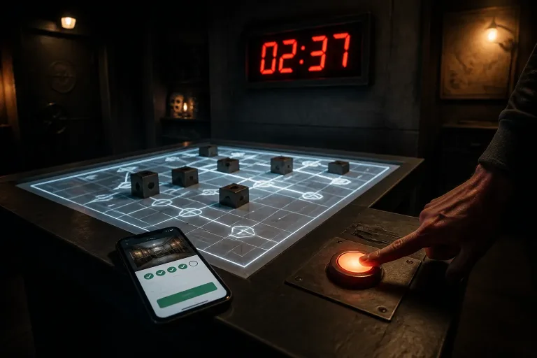 oplichtende puzzeltafel in escape room met rode timer en hand die op bestelknop drukt