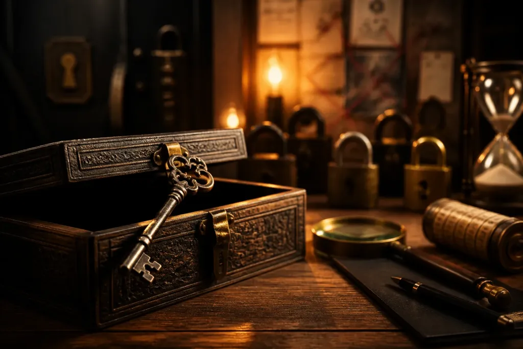 oude metalen sleutel op geopende puzzelkist met escape room rekwisieten op houten tafel