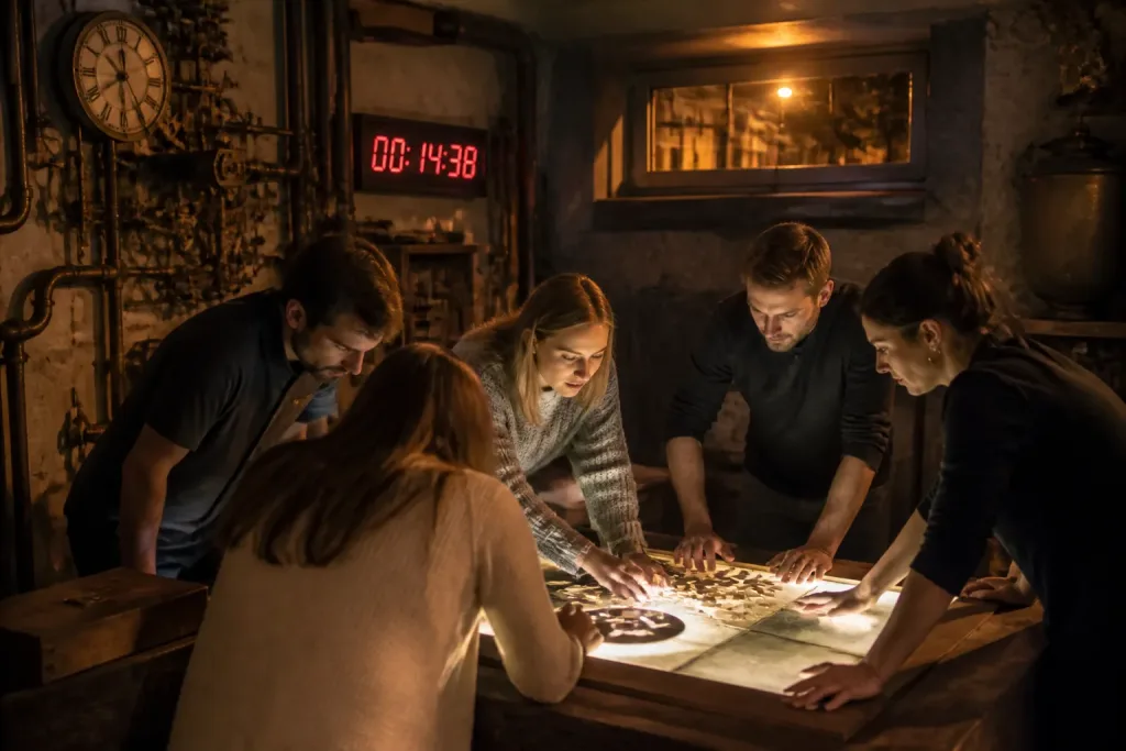 groep vrienden lost een puzzel op in een sfeervolle escape room met aftellende timer