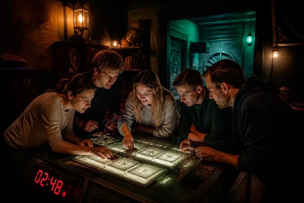 groep vrienden buigt zich over een oplichtende puzzeltafel met rode timer in een sfeervolle escape room