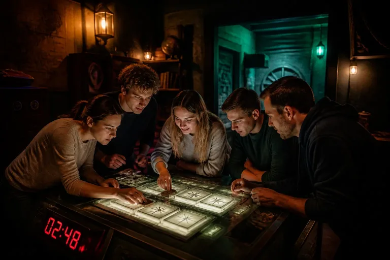 groep vrienden buigt zich over een oplichtende puzzeltafel met rode timer in een sfeervolle escape room