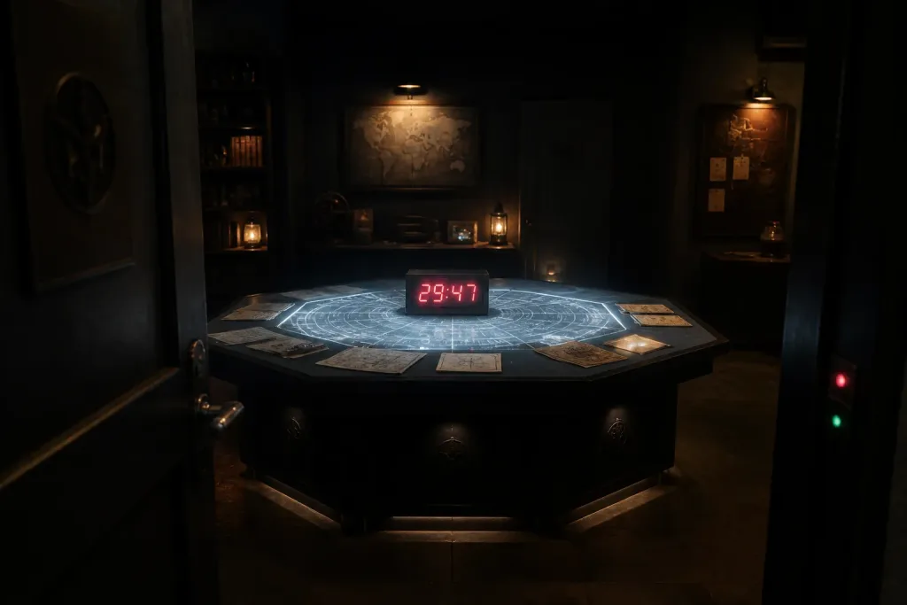 oplichtende puzzeltafel met rode aftellende timer als centraal oriëntatiepunt in een escape room