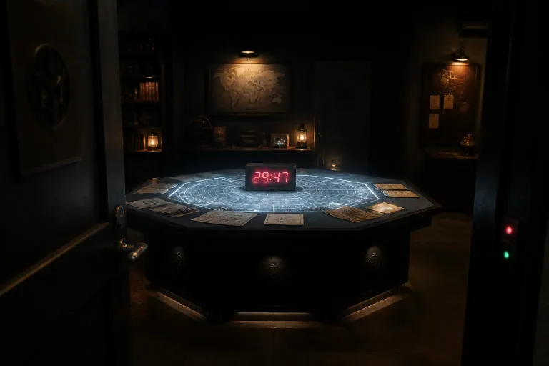 oplichtende puzzeltafel met rode aftellende timer als centraal oriëntatiepunt in een escape room