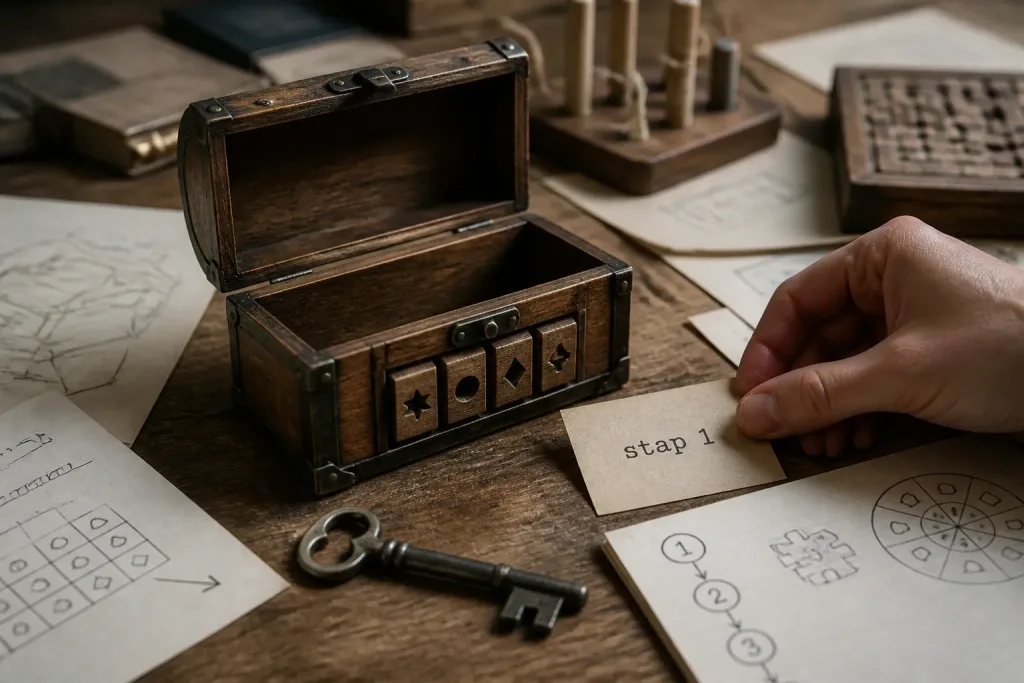 oude metalen sleutel bij een geopende puzzelkist met papieren stappenplan op een houten tafel