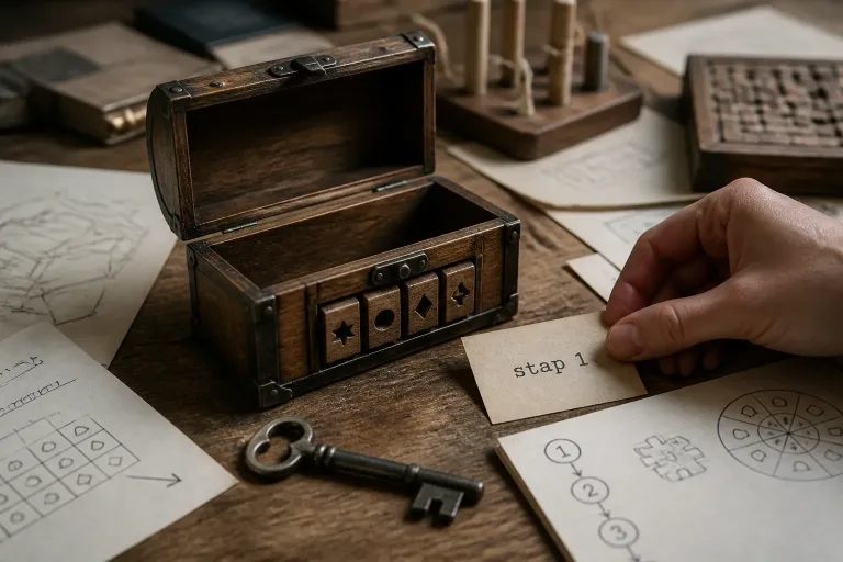oude metalen sleutel bij een geopende puzzelkist met papieren stappenplan op een houten tafel