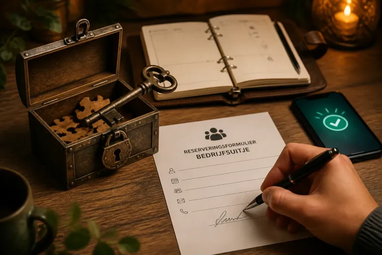 hand die een reserveringsformulier ondertekent naast een oude metalen sleutel en een geopende puzzelkist op houten tafel