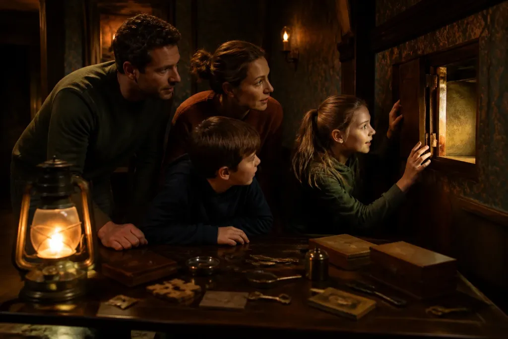 gezin lost samen een puzzel op in een sfeervolle escape room in groningen