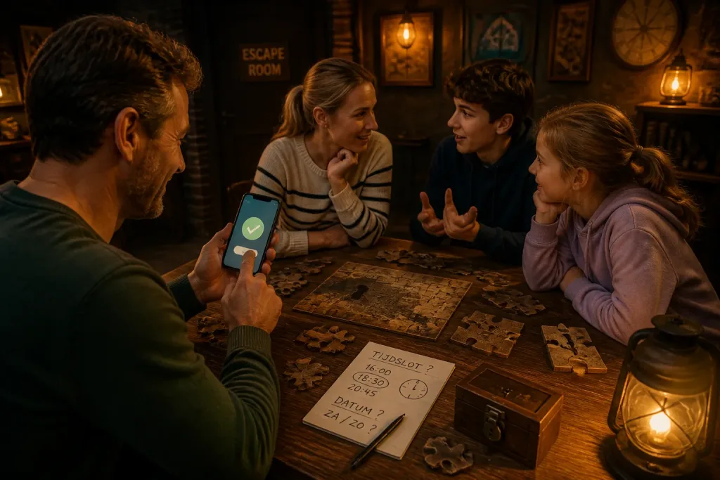 gezin rond houten puzzeltafel in escape room terwijl ouder op smartphone de boeking bevestigt