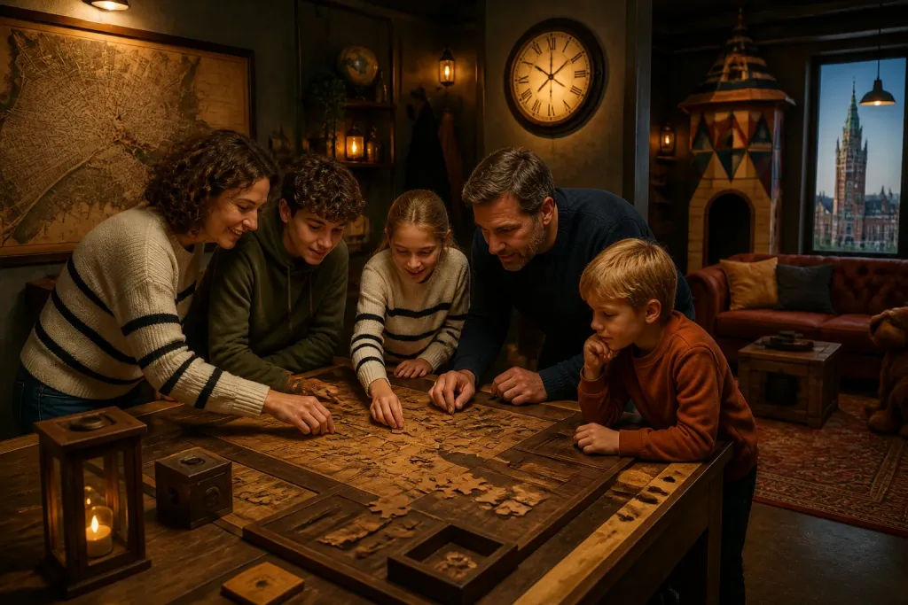 gezin werkt samen aan puzzels rond een houten tafel in een sfeervolle escape room met speelse familievriendelijke inrichting