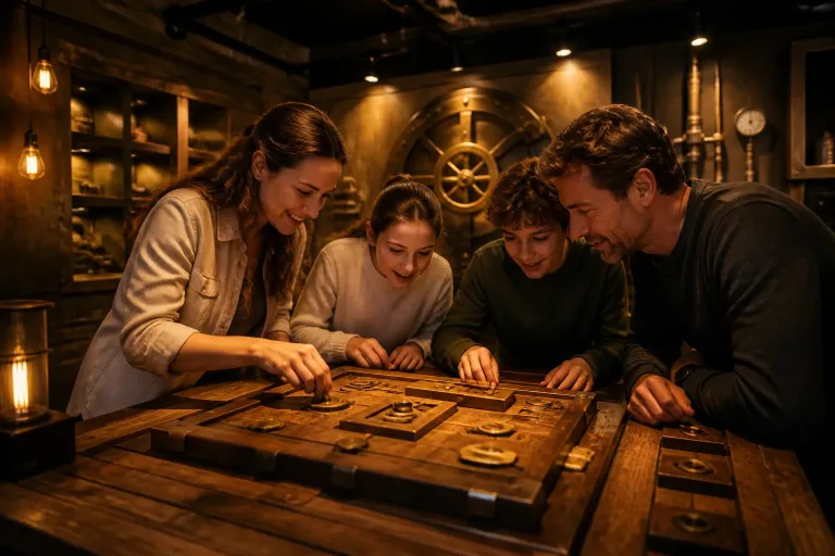 gezin rond een houten puzzeltafel in een sfeervolle escape room met warme verlichting