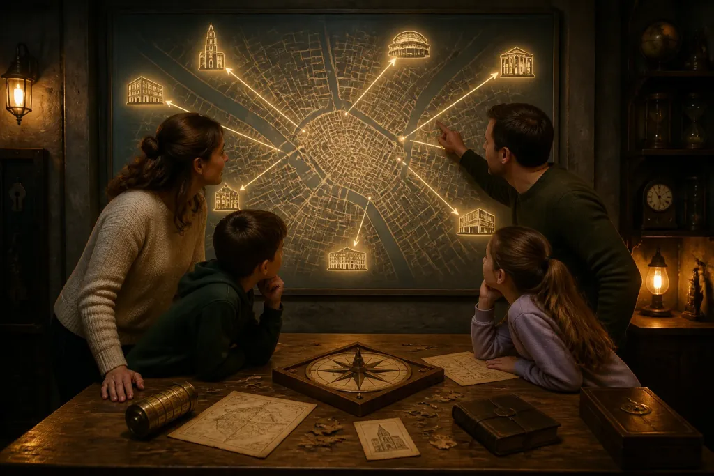 gezin rond een houten puzzeltafel in een sfeervolle escape room bekijkt een verlichte plattegrond van groningen aan de muur