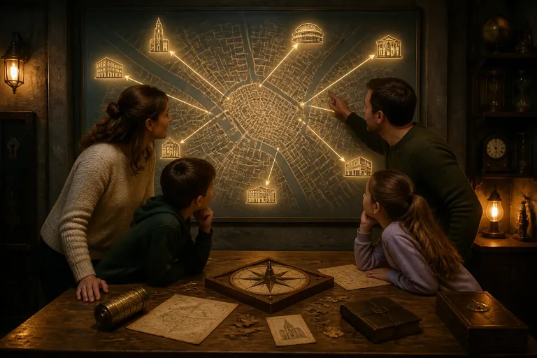 gezin rond een houten puzzeltafel in een sfeervolle escape room bekijkt een verlichte plattegrond van groningen aan de muur