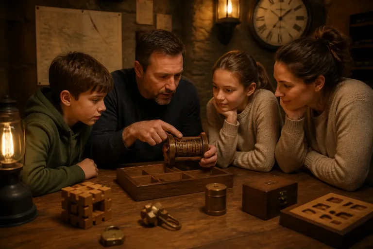 gezin rond houten puzzeltafel in escape room oefent samen met een slotpuzzel onder warme verlichting