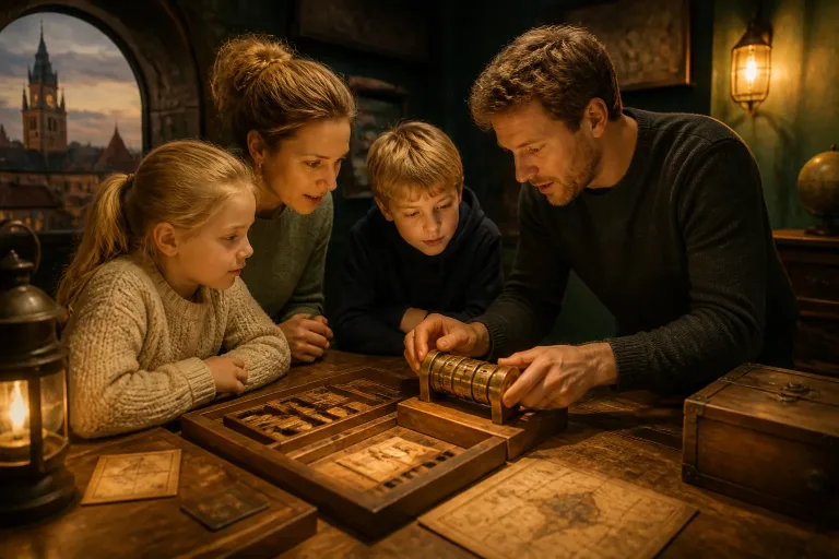 gezin rond een houten puzzeltafel in een sfeervolle escape room onderzoekt samen een slotpuzzel