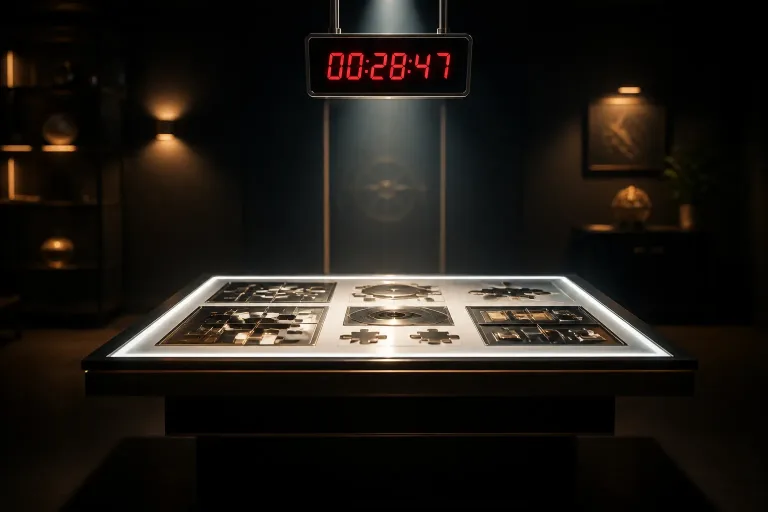 oplichtende puzzeltafel in een luxe escape room met rode afteltimer aan de muur