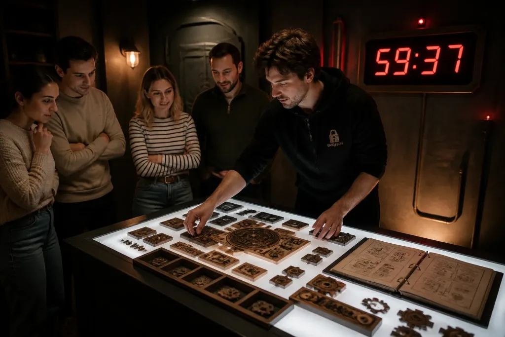 medewerker stelt oplichtende puzzeltafel af terwijl rode timer aftelt en spelers toekijken