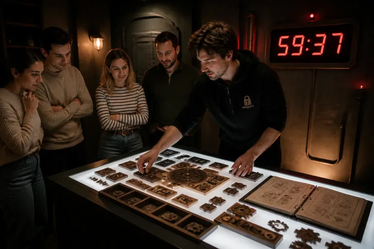 medewerker stelt oplichtende puzzeltafel af terwijl rode timer aftelt en spelers toekijken
