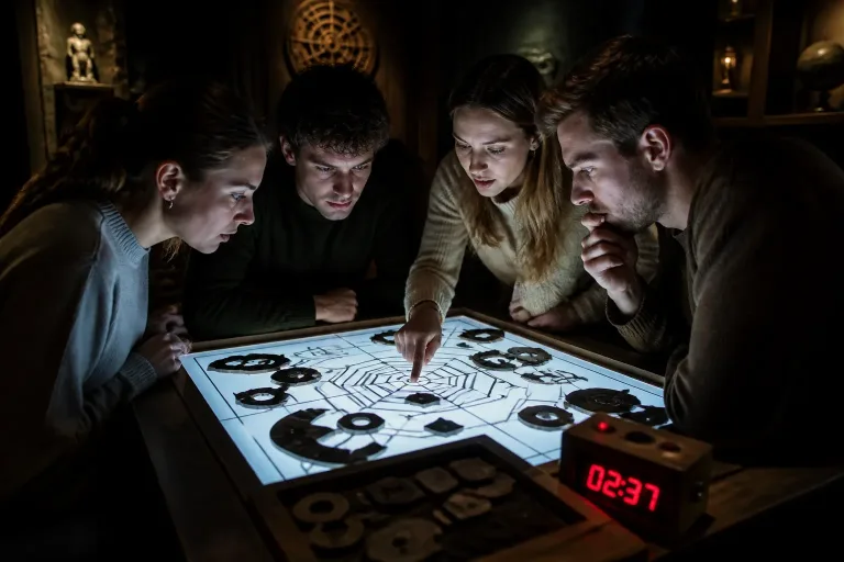 groep spelers bestudeert een oplichtende puzzeltafel met rode aftellende timer in een escape room