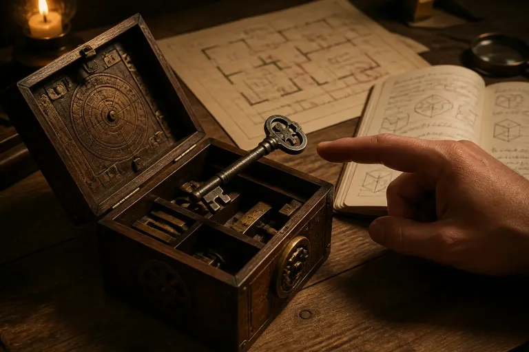 hand die een oude metalen sleutel boven een geopende puzzelkist op een houten tafel onderzoekt