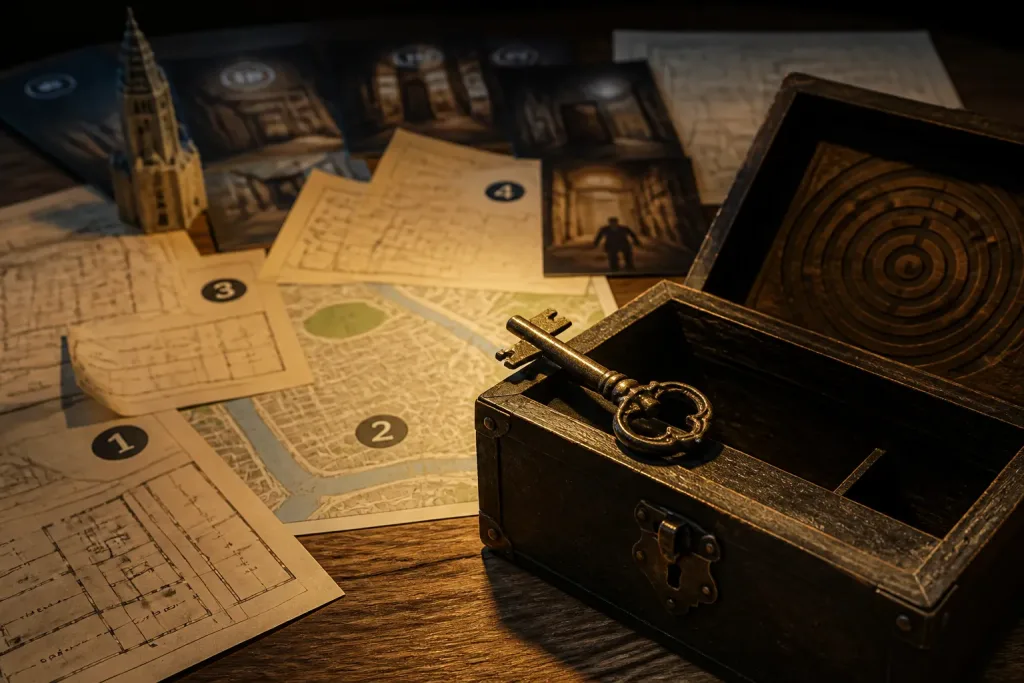 oude metalen sleutel op geopende puzzelkist op houten tafel met verspreide plattegronden van escape rooms