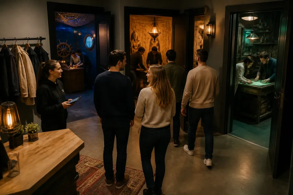 collega’s verdelen zich over meerdere themakamers in een escape room met host in de ontvangstruimte