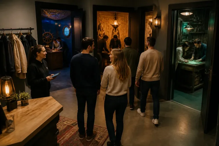 collega’s verdelen zich over meerdere themakamers in een escape room met host in de ontvangstruimte
