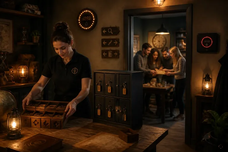 medewerker die puzzels klaarzet terwijl groepen in aangrenzende escape rooms tegelijk puzzelen