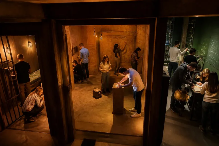grote vriendengroep puzzelt tegelijk in drie verschillende themakamers van een escape room
