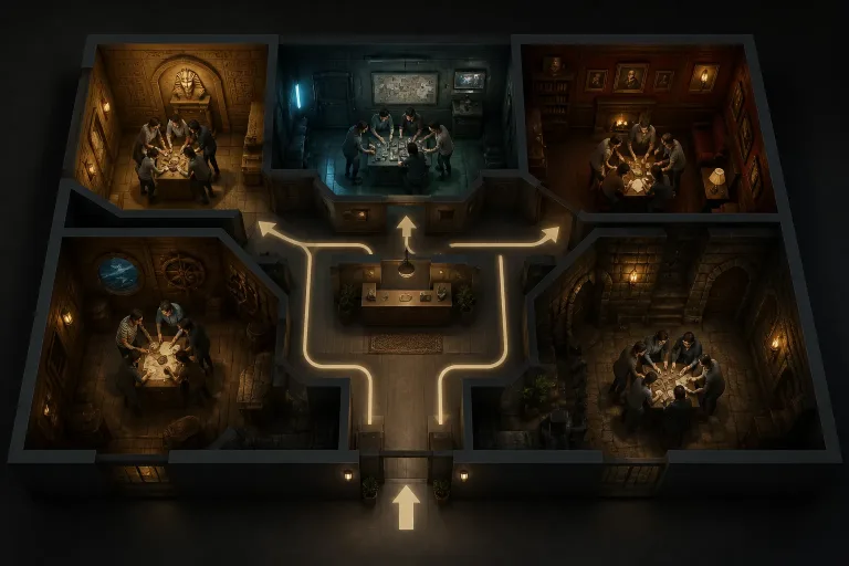 meerdere escape room themakamers met groepen mensen die tegelijk puzzelen, gezien vanuit licht verhoogd perspectief