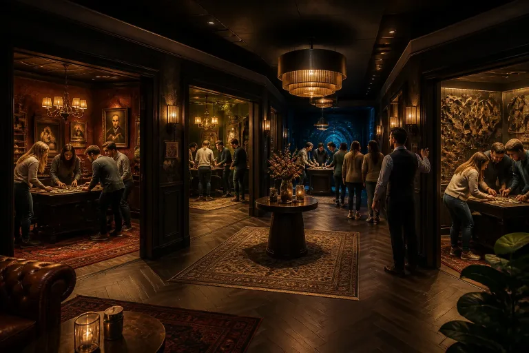 meerdere grote groepen puzzelen tegelijk in verschillende themakamers van een luxe escape room locatie