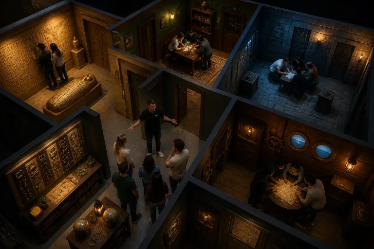 groep bekijkt vanaf galerij hoe meerdere escape room themakamers tegelijk worden gebruikt
