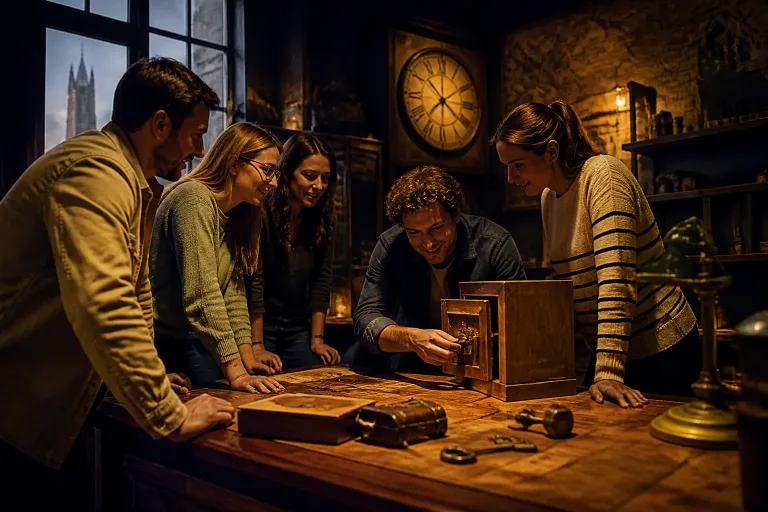 collega’s lossen samen een puzzel op rond een houten bureau in een escape room in groningen