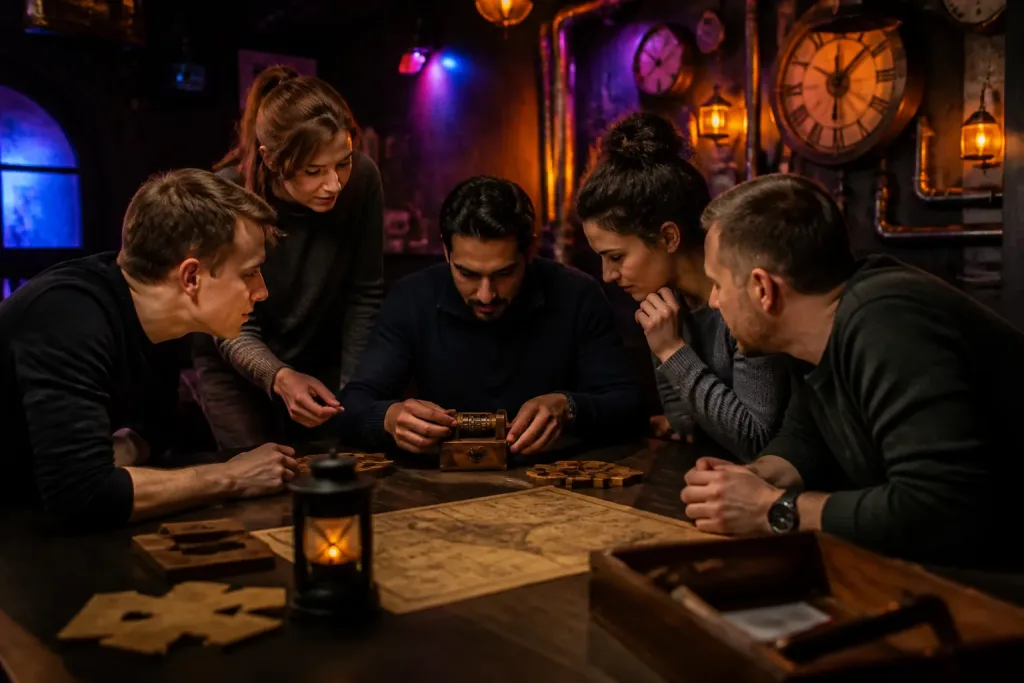 collega’s lossen samen een puzzel op in een thematische escape room in groningen