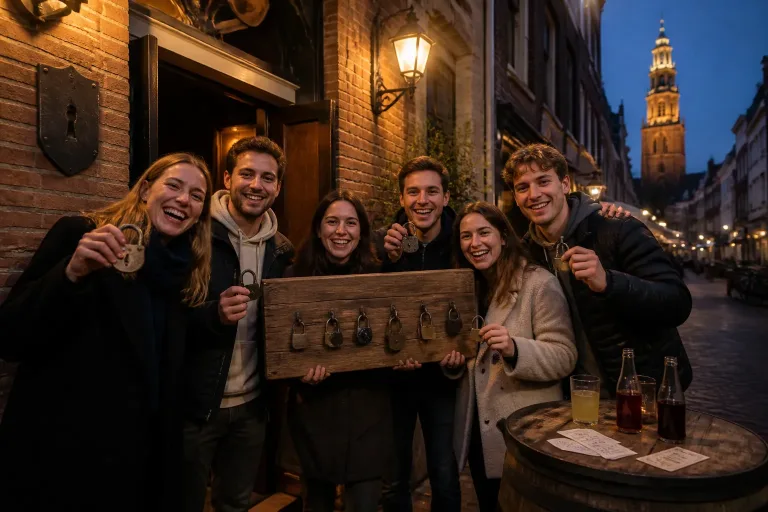 collega’s poseren bij een escape room in Groningen met een groot houten sleutelrek en drankjes naast zich