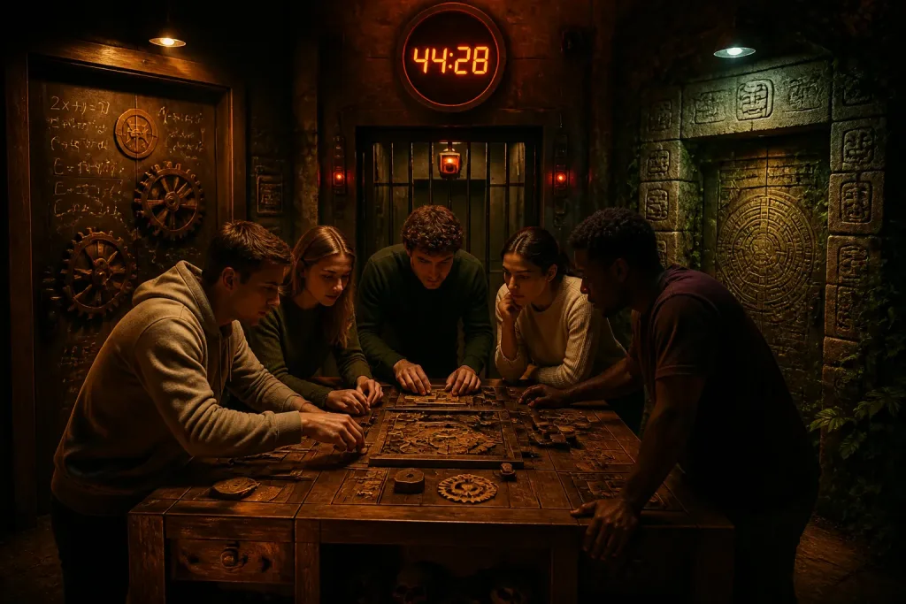 groep volwassenen kiest tussen drie thematische escape room deuren met puzzels, tralies en tempelmotieven in Groningen