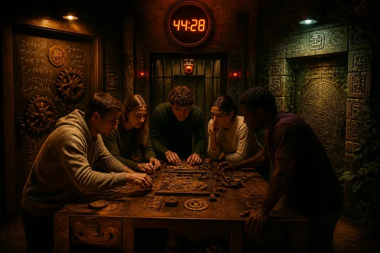 groep volwassenen kiest tussen drie thematische escape room deuren met puzzels, tralies en tempelmotieven in Groningen