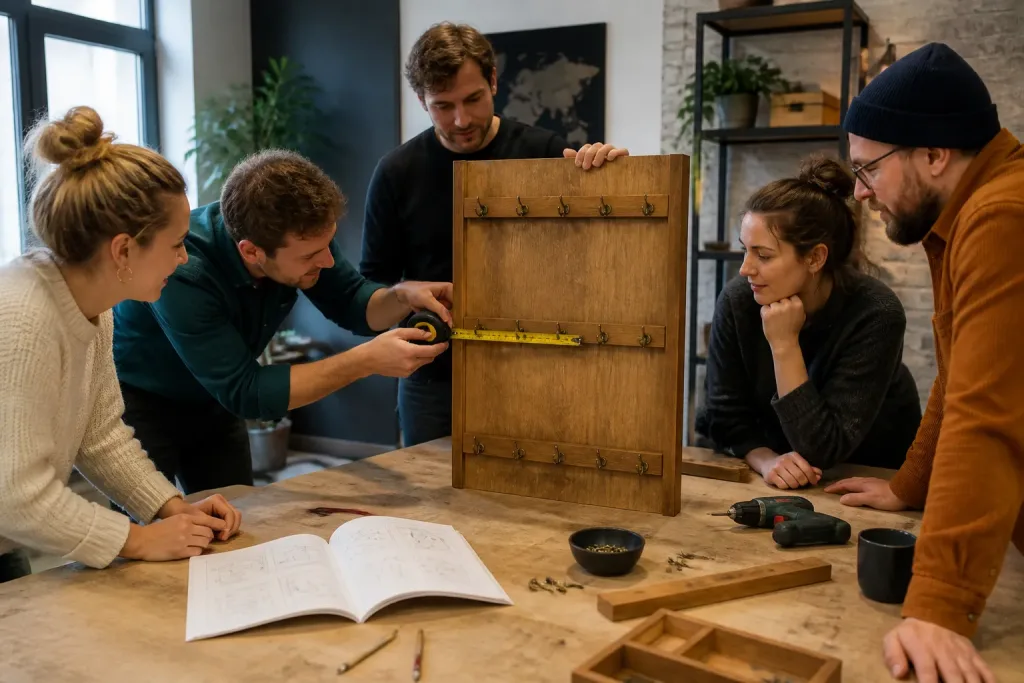 collega’s monteren samen een groot houten sleutelrek op een werkbank met meetlint en handleiding