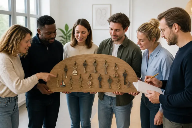 collega’s houden samen een groot houten sleutelrek vast terwijl iemand al wijzend aantekeningen maakt