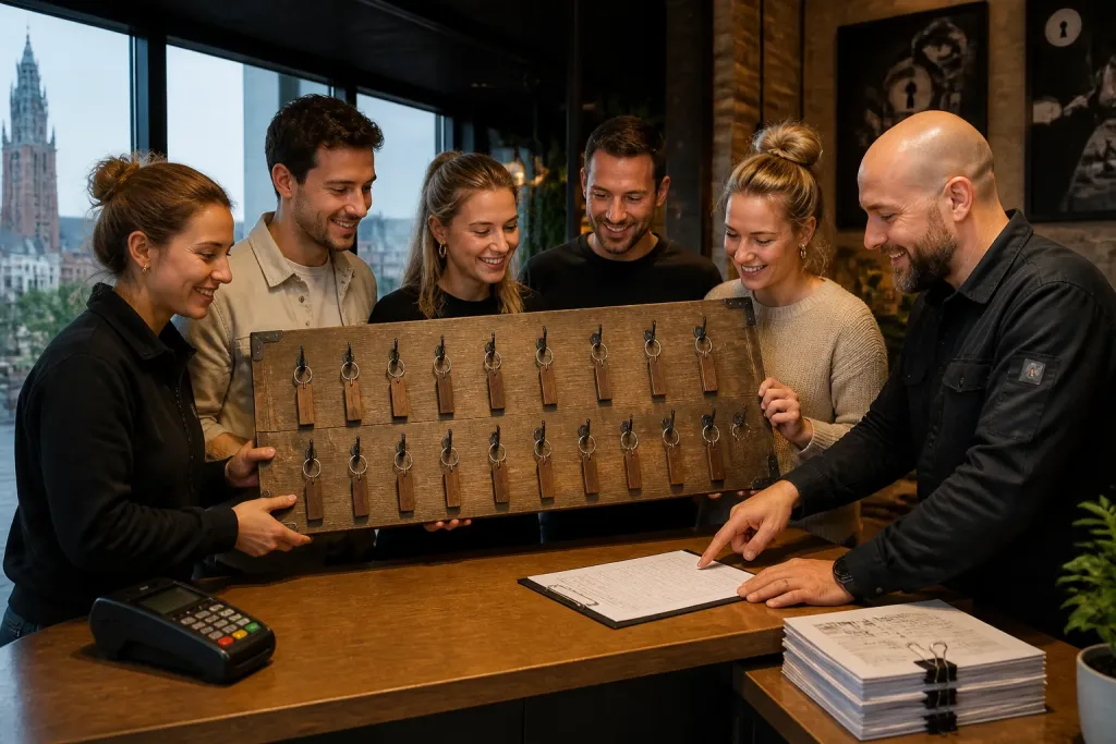 collega’s houden samen een groot houten sleutelrek vast terwijl een reserveringsformulier voor een escape uitje wordt