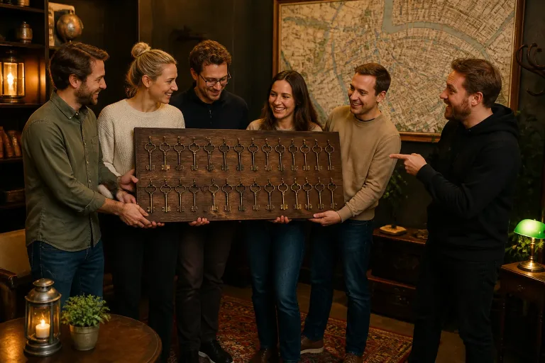 collega’s houden samen een groot houten sleutelrek vast in de ontvangstruimte van een escape room in groningen
