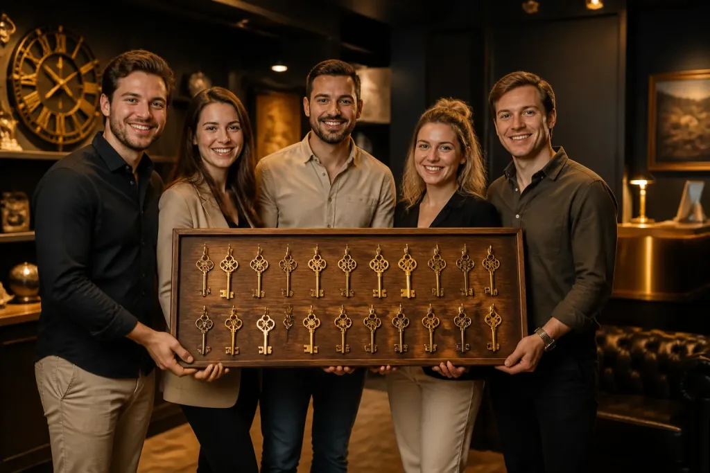 team in nette kleding houdt samen een groot houten sleutelrek vast in luxe escape room setting
