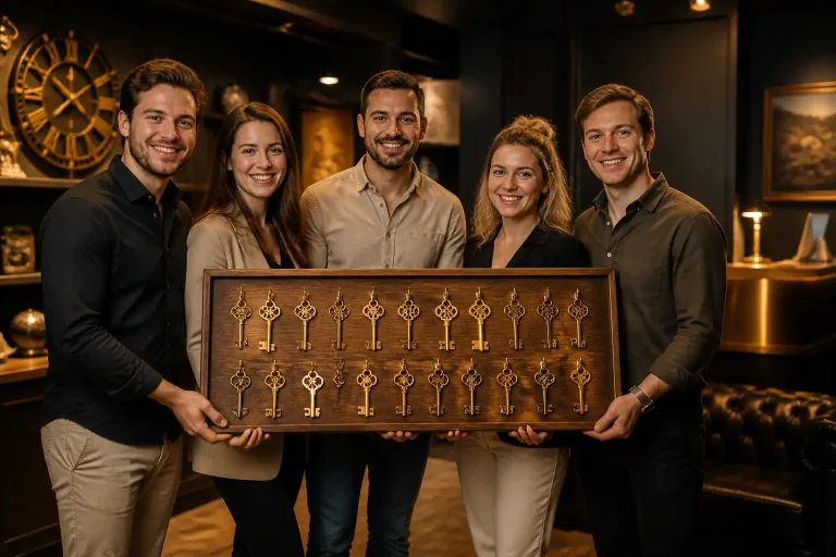 team in nette kleding houdt samen een groot houten sleutelrek vast in luxe escape room setting
