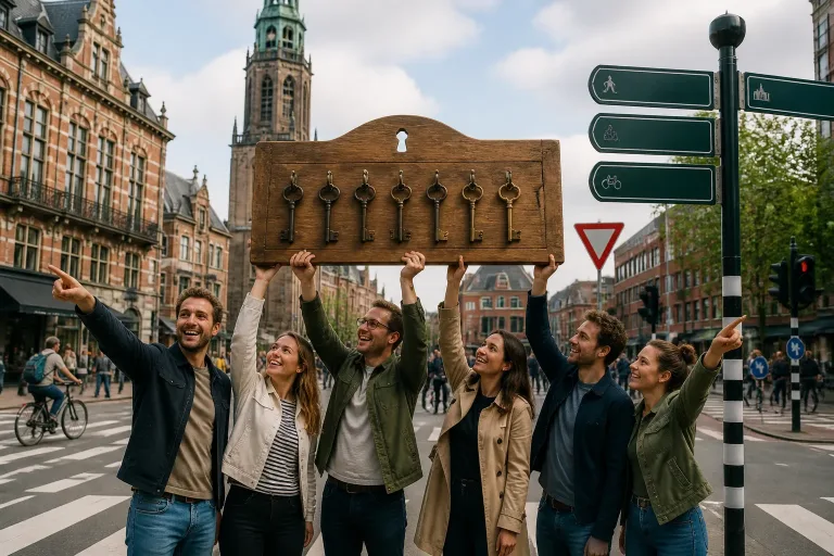 collegas houden samen een groot houten sleutelrek omhoog op een kruispunt in groningen