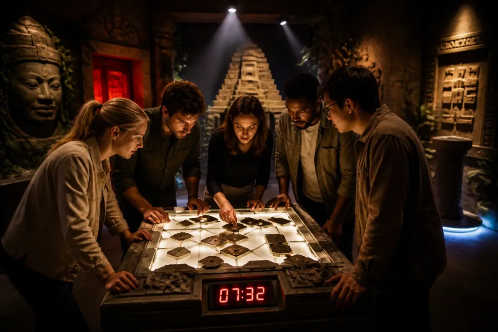 team rond een oplichtende puzzeltafel met rode timer in een tempel-escape room