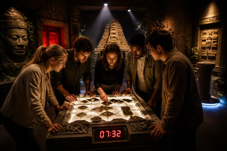 team rond een oplichtende puzzeltafel met rode timer in een tempel-escape room
